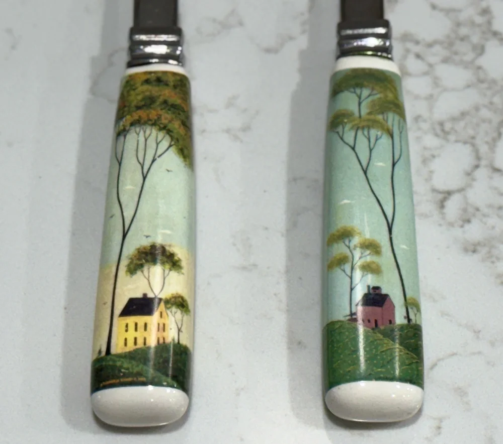 Vintage Warren Kimble Boston Warehouse Folk Art Ceramic Handle Salad Server Set